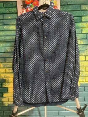 Michael Kors Navy Button-Down Shirt with White Micro Print men Meduim
